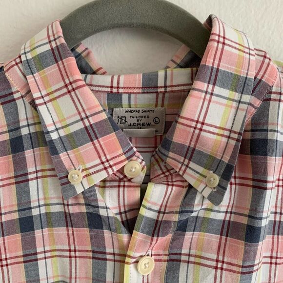 J. Crew Madras Plaid Button Down Shirt Large Pink Yellow Blue Cotton Mauritius - Picture 3 of 6